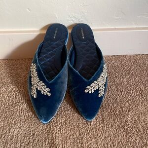 Birdies Blue Velvet Mules with Silver Embellishments size 9